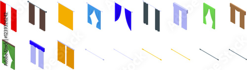 Cornice curtains icons set. Isometric set of colorful curtains and rods, showcasing various styles and colors for interior design