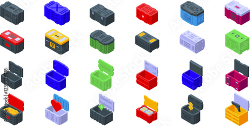 Sci fi boxes icons set. Set of isometric loot boxes containing various rewards, including gold, cash, gems, weapons, and hearts, symbolizing different types of prizes