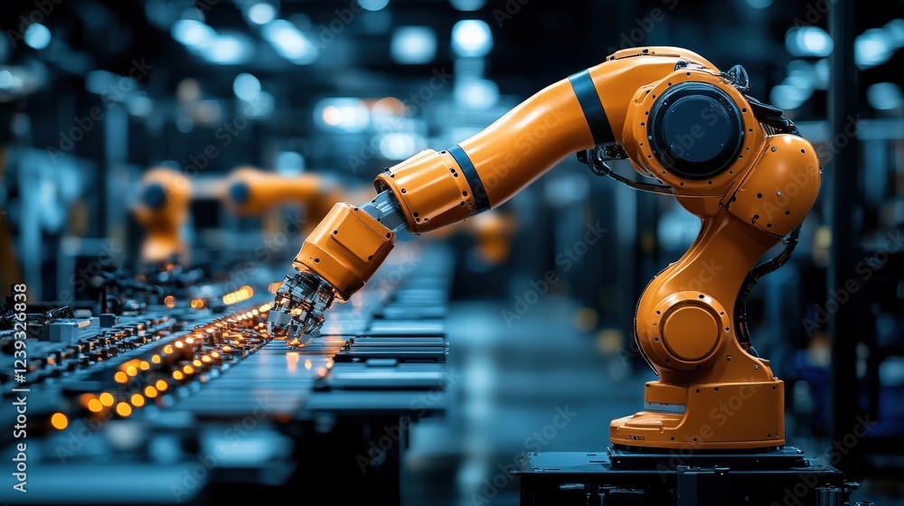 Obraz premium Industrial robotic arm efficiently assembling components in a modern factory setting