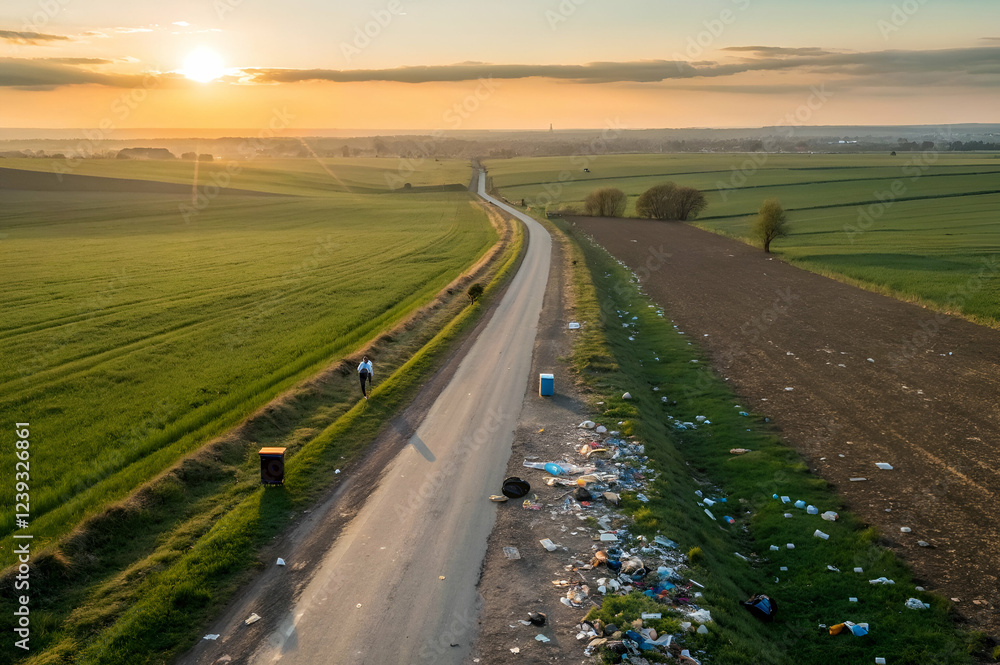 Naklejka premium Aerial View of a Rural Road at Sunset with a Littered Landscape