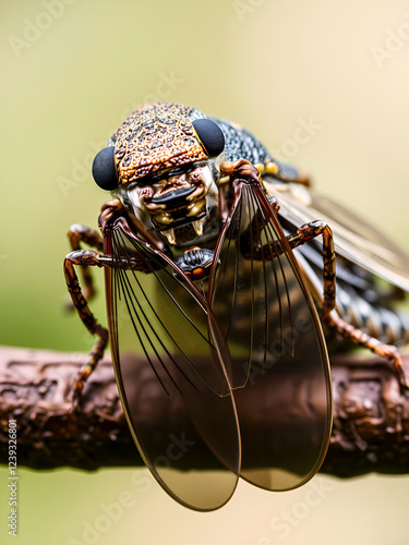 A detailed view of a summer cicada resting on a branch, emitting loud sounds to entice females. The prominent buzzing of the cicada lyristes plebejus is showcased, with selective focus used photo