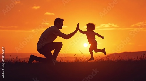 s a heartwarming silhouette of a father and child sharing a playful moment   photo