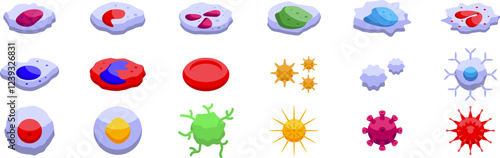 Immune system cells icons set. Set of colorful icons representing various blood cells, viruses and bacteria, illustrating concepts related to human biology, immunology and disease