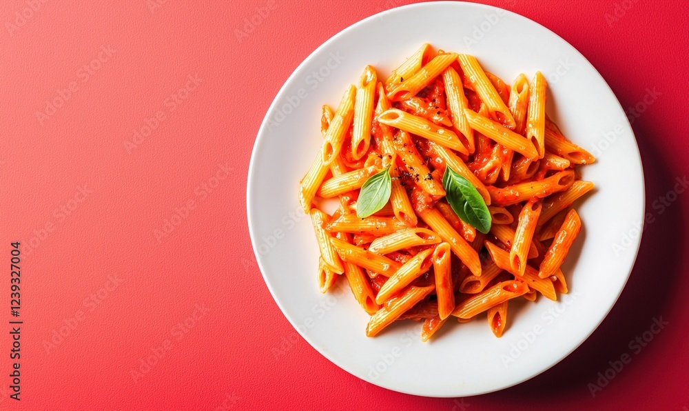 Spicy penne pasta in tomato sauce served on a white plate Spicy penne pasta in tomato sauce served on a white plate