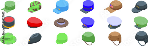Military caps icons set. Collection of isometric military and police uniform hats showcasing various ranks, specializations, and headwear used by armed forces and law enforcement personnel