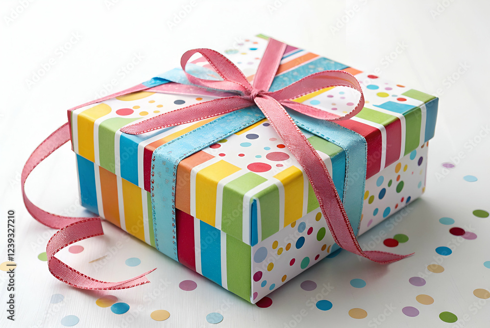 Obraz premium Colorful Gift Box with Striped Pattern and Ribbon on White Background