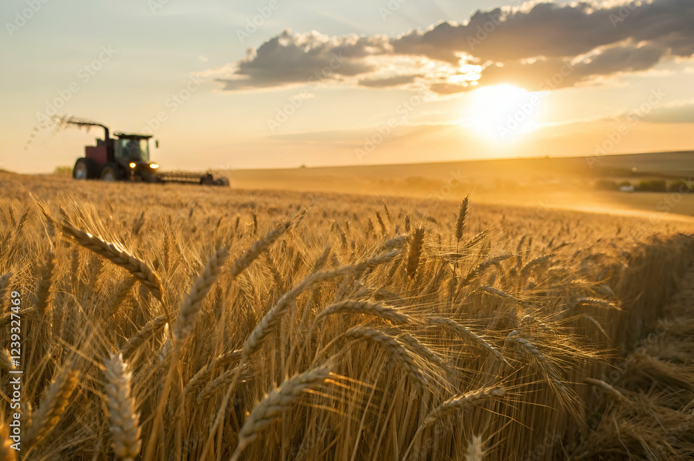 Obraz premium Golden Wheat Field at Sunset with a Tractor Harvesting