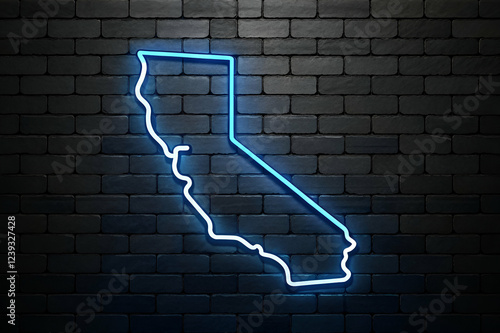 Glowing Blue Neon Map on Dark Brick Wall Background
