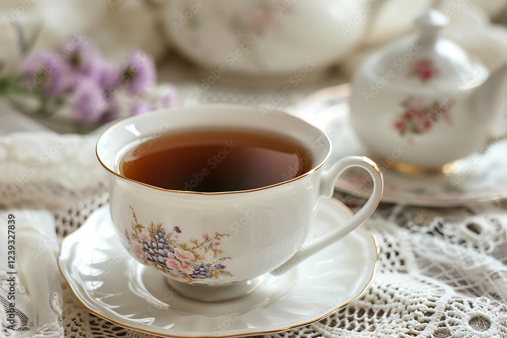 A classic black tea served in a simple, elegant porcelain cup, against a backdrop of a traditional English tea set and a lace tablecloth.
