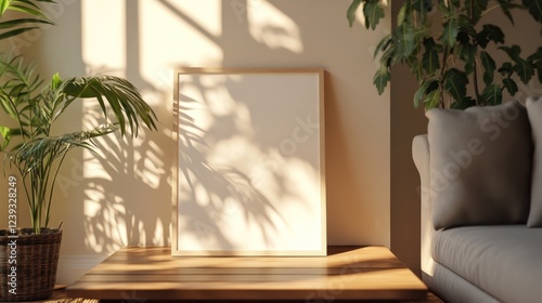 Sunlit living room mockup; blank poster on table