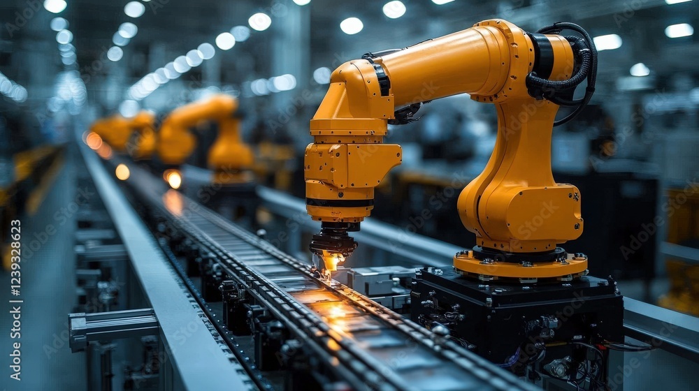 Industrial robotic arm performing precision tasks on a conveyor belt in a busy manufacturing facility Industrial robotic arm performing precision tasks on a conveyor belt in a busy manufacturing facility