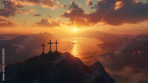 una montaña con tres cruces cristianas catolicas celebrando la crucifixion y la semana santa espiritualidad y oracion viernes santo