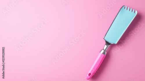 Pink spatula on pink background, copy space photo