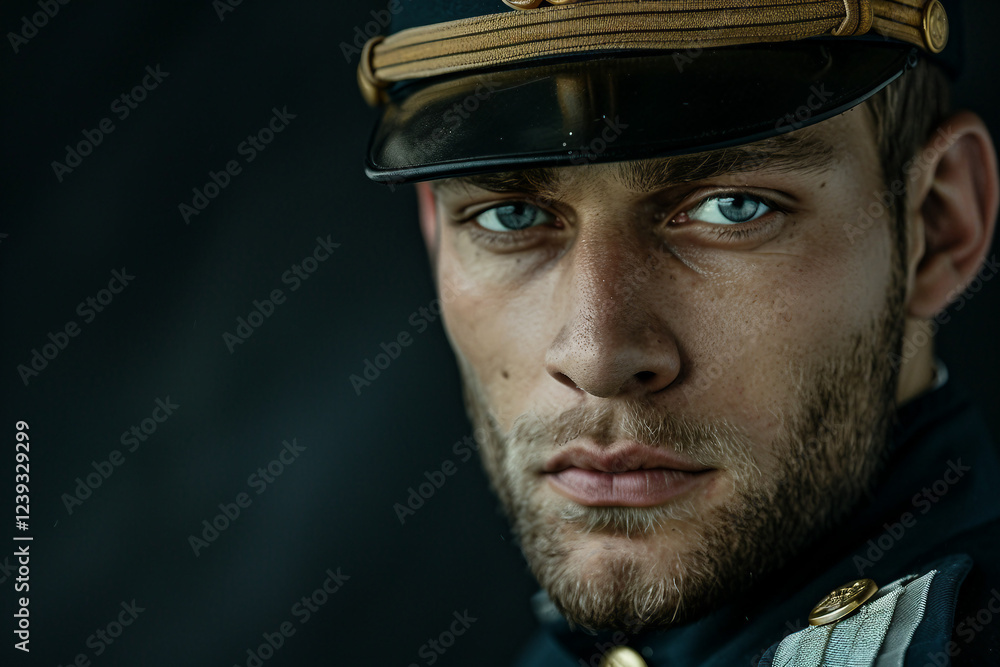 Generative AI portrait of a ship captain in uniform, standing near boats at the marina, professional maritime theme Generative AI portrait of a ship captain in uniform, standing near boats at the marina, professional maritime theme