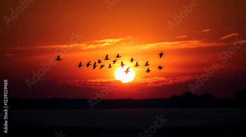 A stunning sunset with silhouetted birds flying across a vibrant orange sky. photo