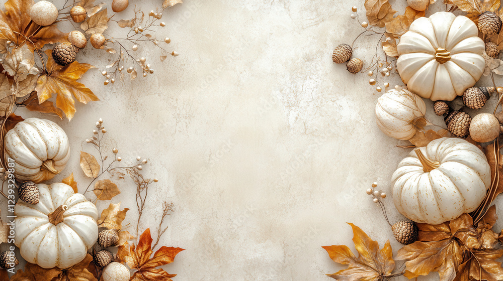 Obraz premium Elegant Thanksgiving backdrop featuring pumpkins and acorns in gold and copper tones for modern branding