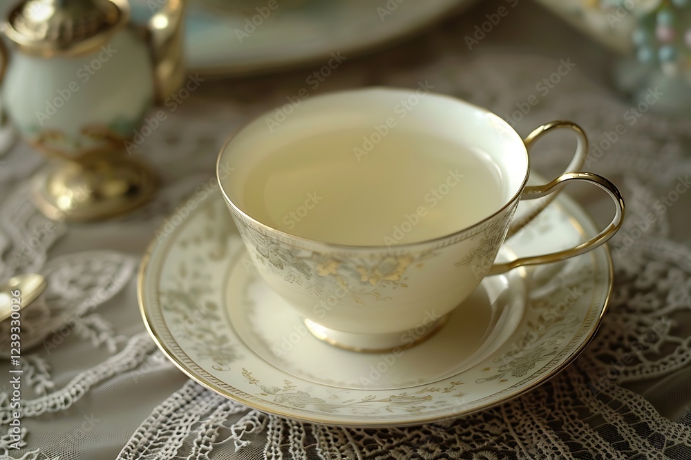 A delicate white tea in a fine china cup, accompanied by a saucer, set against a backdrop of a vintage tea set and a lace tablecloth. A delicate white tea in a fine china cup, accompanied by a saucer, set against a backdrop of a vintage tea set and a lace tablecloth.
