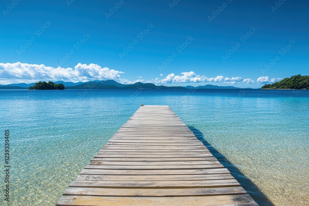 Obraz premium Wooden pier extending into calm turquoise water under a clear sky