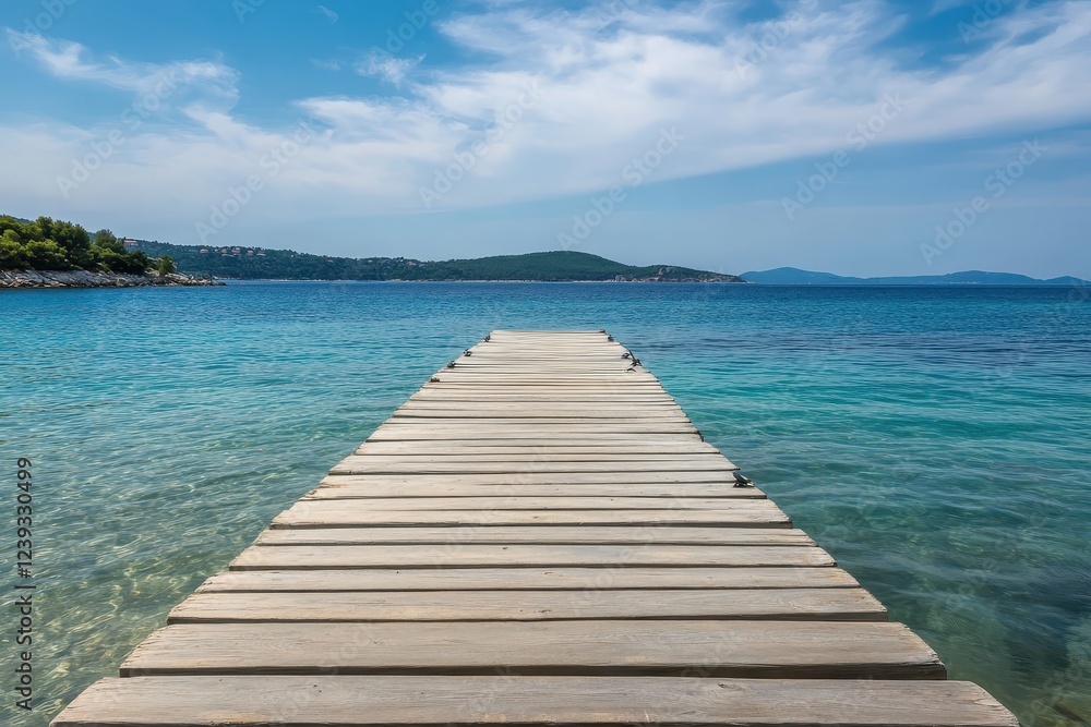 Wooden pier extending into calm turquoise water under a clear sky Wooden pier extending into calm turquoise water under a clear sky