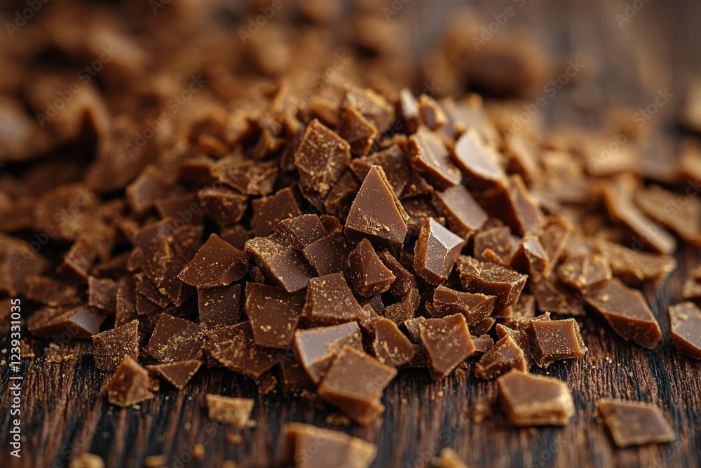 A close-up view of finely chopped chocolate pieces scattered on a wooden surface, showcasing their rich brown color and texture. A close-up view of finely chopped chocolate pieces scattered on a wooden surface, showcasing their rich brown color and texture.