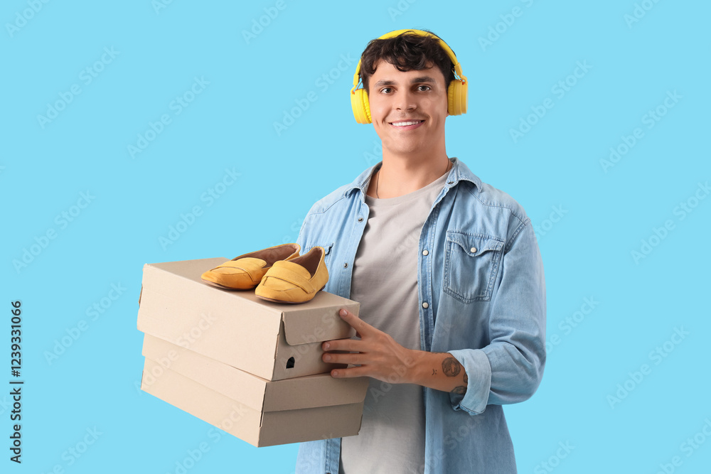 Young man in headphones with shoe boxes on blue background Young man in headphones with shoe boxes on blue background