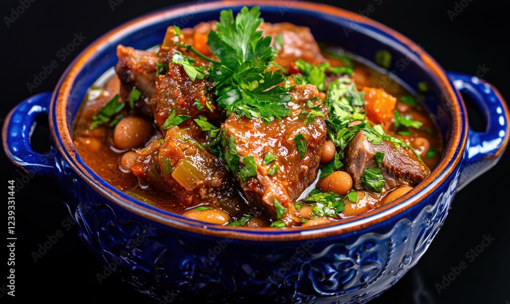 Delicious fasole cu ciolan served in a blue bowl for winter warmth Delicious fasole cu ciolan served in a blue bowl for winter warmth