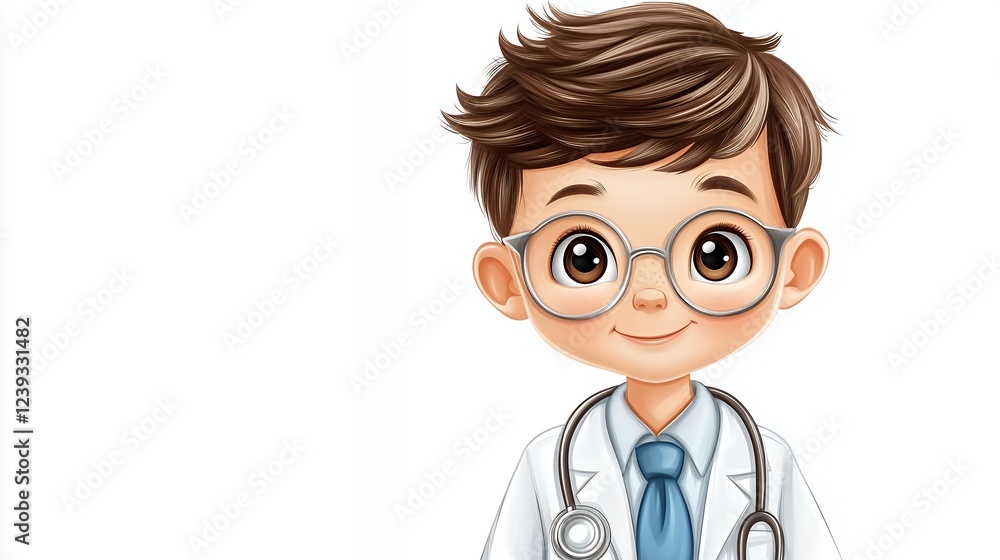 Adorable Cartoon Boy Doctor in White Coat and Glasses Adorable Cartoon Boy Doctor in White Coat and Glasses