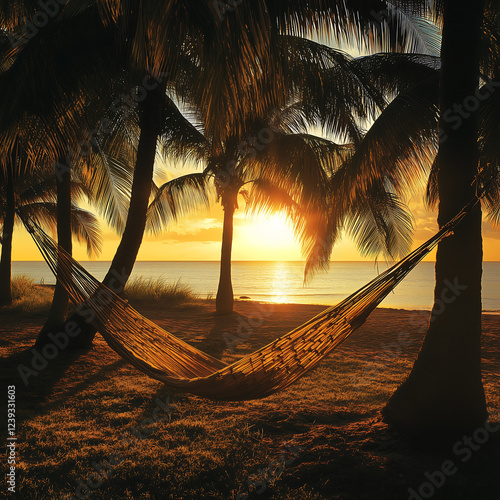 A tranquil scene with a hammock between palm trees at sunset by the beach. photo