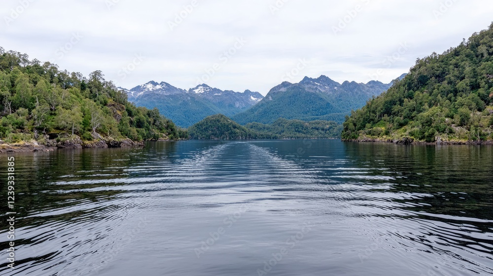 Serene fjord landscape, mountains reflecting in calm water, travel destination Serene fjord landscape, mountains reflecting in calm water, travel destination