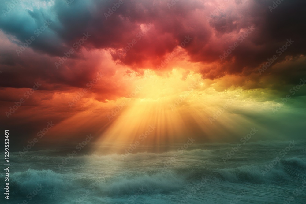 Obraz premium Vibrant sunset illuminating ocean waves and dramatic skies over the horizon