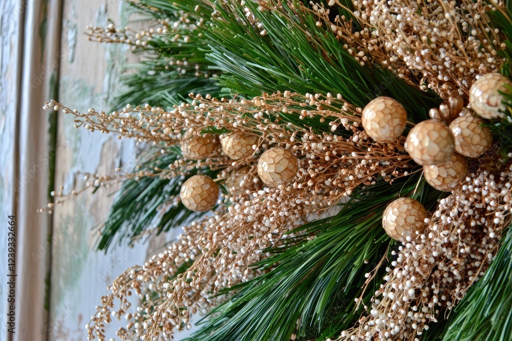 Fototapeta premium Christmas wreath with pine branches, cones, and metallic ornaments