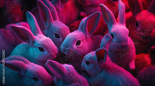 A group of rabbits huddled together in a dorm room, with colorful abstract patterns symbolizing friendship, late-night study sessions, and the energy of college life. 