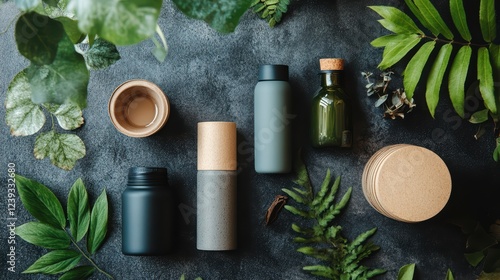 Eco-friendly skincare bottles and containers surrounded by green foliage