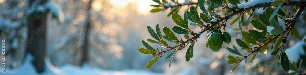 Olive tree boughs heavy with snow and greenery, forest, landscape, snow Olive tree boughs heavy with snow and greenery, forest, landscape, snow