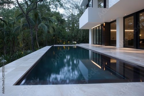 Minimalist Parametric Tropical House Featuring a Central Pool in Pinecrest, Florida. Generative AI photo