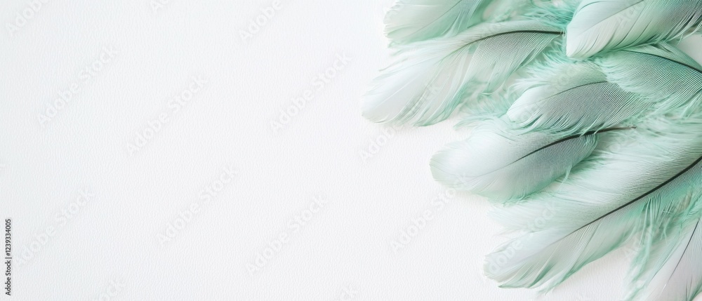 Naklejka premium Soft, pale green feathers arranged on a white background. A delicate and airy image, perfect for adding a touch of elegance to your designs.