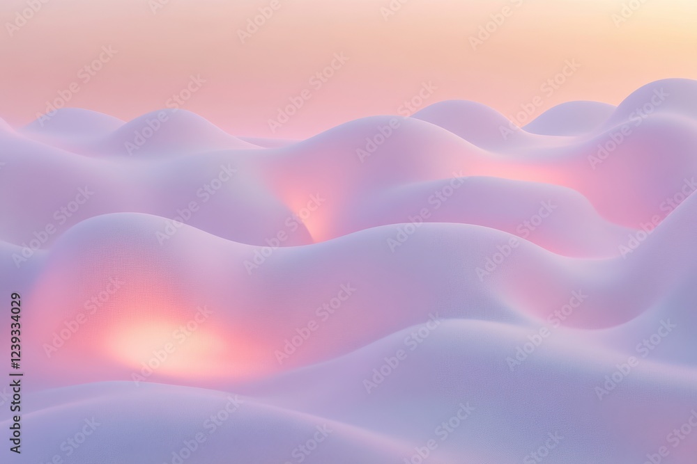 Soft, pastel landscape of rolling hills illuminated by warm pink lights at dawn Soft, pastel landscape of rolling hills illuminated by warm pink lights at dawn