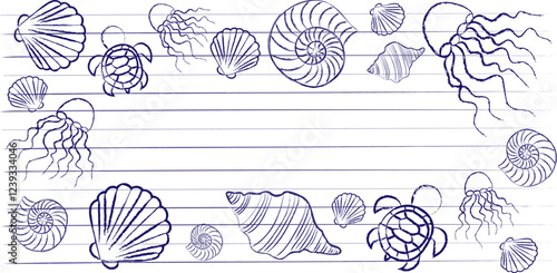 Sea frame drawn in blue pen jellyfish shells turtle notebook lines. Background for a postcard or web design