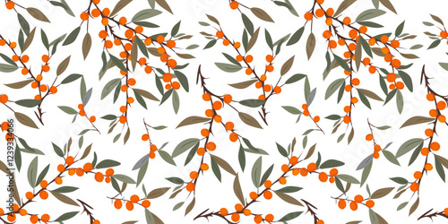 Seamless vector pattern sea buckthorn on branches on white background in pastel colors berries and green leaves