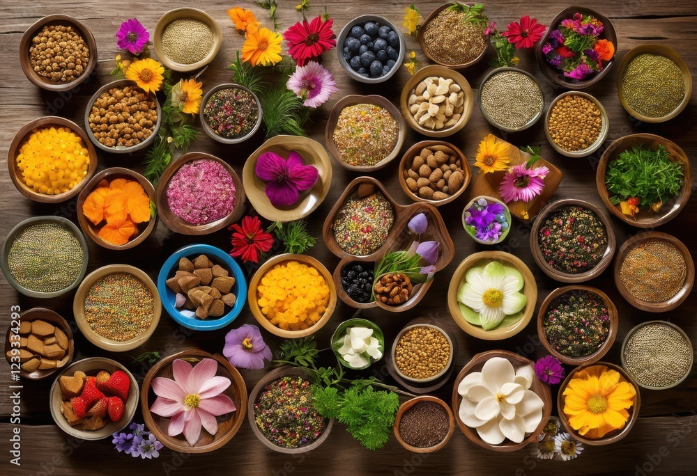 vibrant selection pet meals aesthetically arranged rustic wooden table offering lively culinary display, food, colors, freshness, bowls, healthy vibrant selection pet meals aesthetically arranged rustic wooden table offering lively culinary display, food, colors, freshness, bowls, healthy