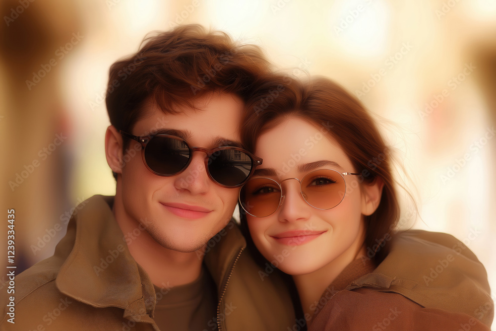 Young couple smiling together outdoors in stylish sunglasses during sunny weather Young couple smiling together outdoors in stylish sunglasses during sunny weather