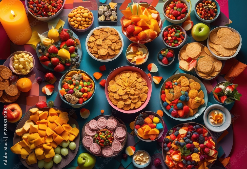 Fototapeta premium colorful assortment snacks arranged beautifully stylish geometric table creating lively inviting atmosphere feasting, appetizer, arrangement, collage
