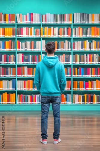 Man standing in library with blurred bookshelves behind