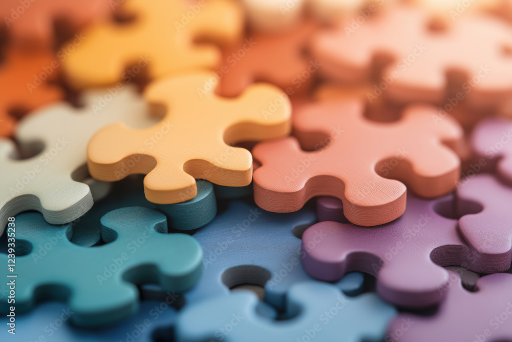 Colorful puzzle pieces scattered on a surface during a leisurely afternoon activity Colorful puzzle pieces scattered on a surface during a leisurely afternoon activity