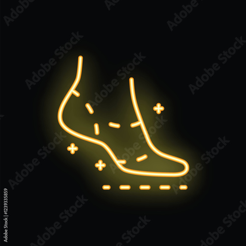 Yellow glowing neon icon of foot with dry skin, potentially representing a dermatological issue