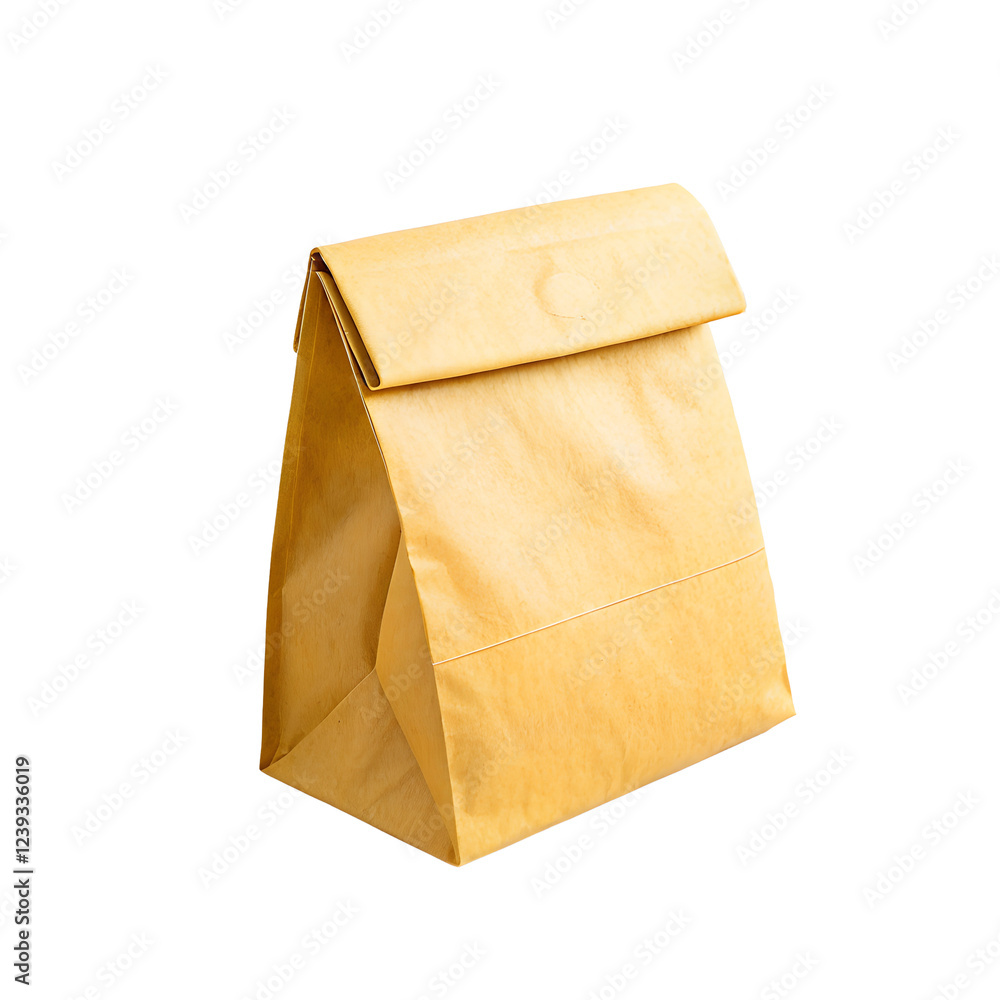 Yellow paper lunch bag. This simple and eco-friendly bag is perfect for packing lunches and snacks with transpared white background png
