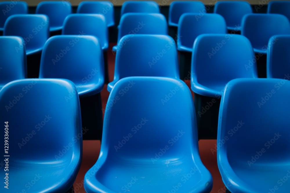 Rows of empty blue plastic stadium seats awaiting spectators for upcoming sports events Rows of empty blue plastic stadium seats awaiting spectators for upcoming sports events