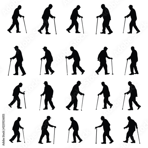 A set of old man person walking with stick vector silhouette isolated,Elderly People silhouette,Seniors old man silhouette,Aged people silhouette