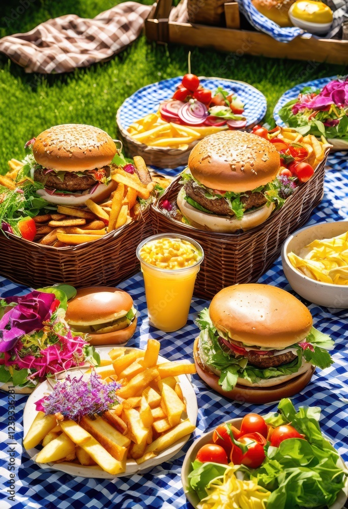 vibrantly styled fast food spread featuring colorful dishes delightful table arrangement, appetizer, bacon, bar, bistro, brunch, chicken, combo, condiments vibrantly styled fast food spread featuring colorful dishes delightful table arrangement, appetizer, bacon, bar, bistro, brunch, chicken, combo, condiments