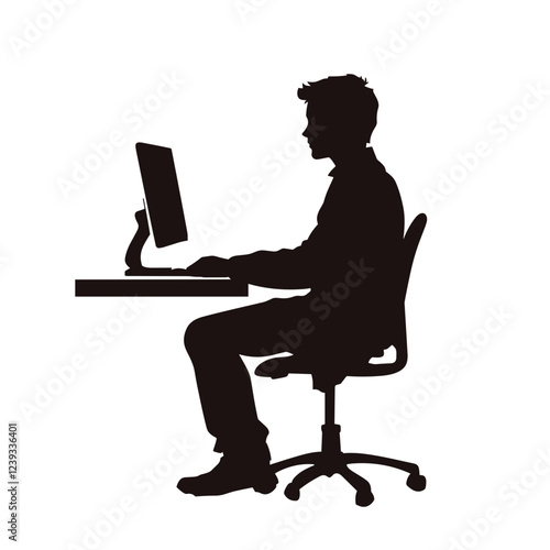 Silhouette of a young man working at a computer desk in a focused position on a white background